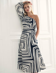 Black and White Printed One Shoulder Saffy Midi Dress