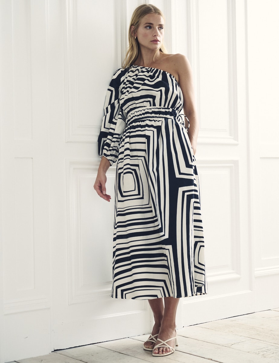 Black and White Printed One Shoulder Saffy Midi Dress