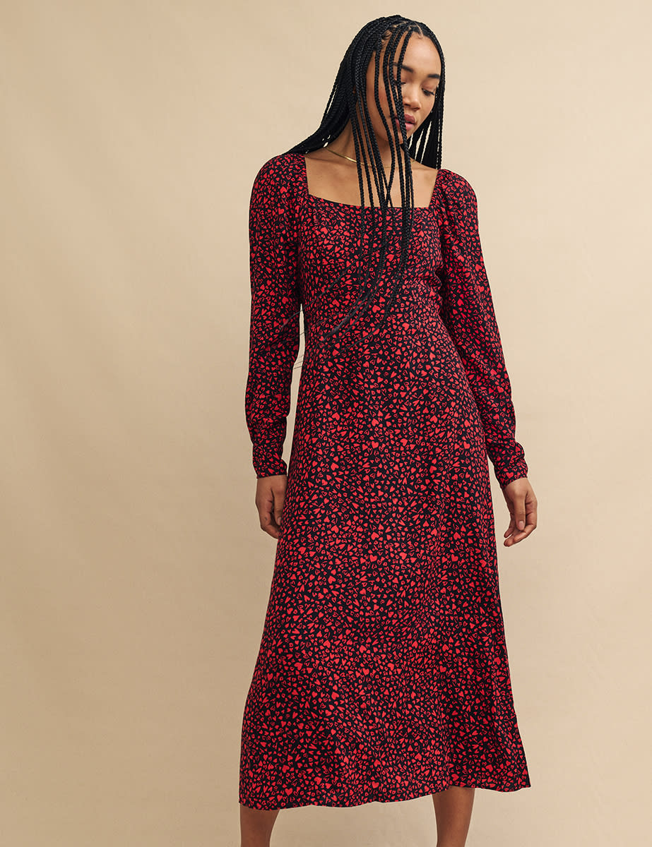 Red Heart Print Abby Midi Dress