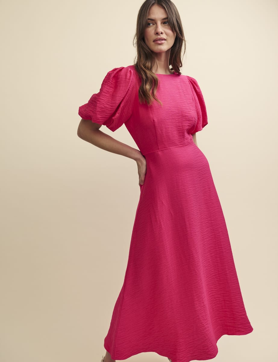 Pink Puff Sleeve Zora Midi Dress