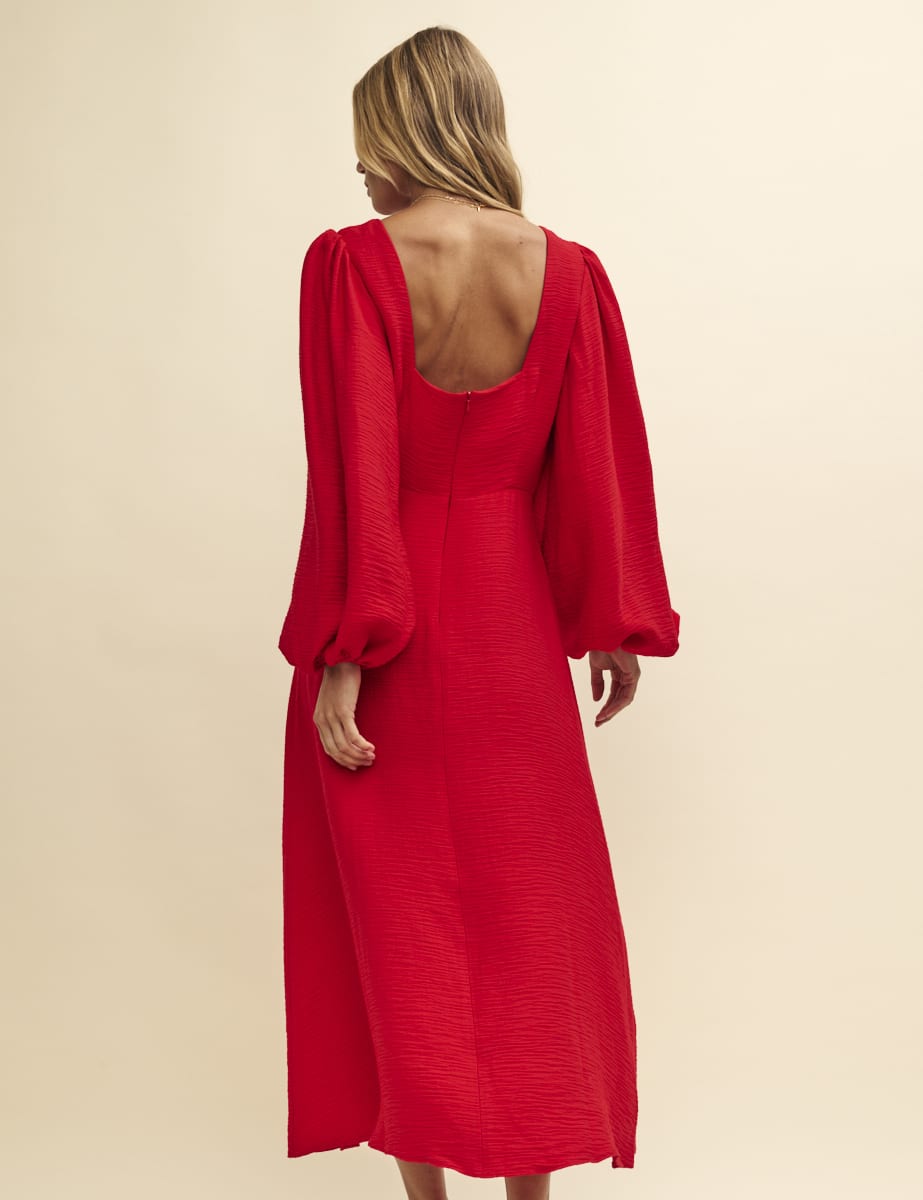 Red Balloon Sleeve Zora Midi Dress