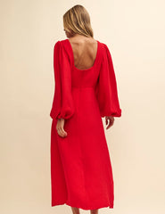 Red Balloon Sleeve Zora Midi Dress
