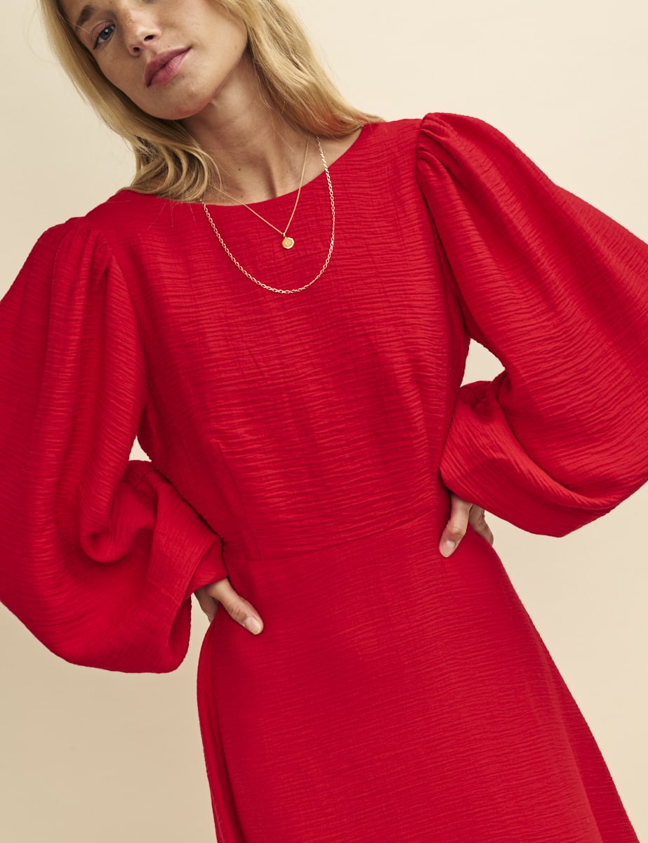 Red Balloon Sleeve Zora Midi Dress