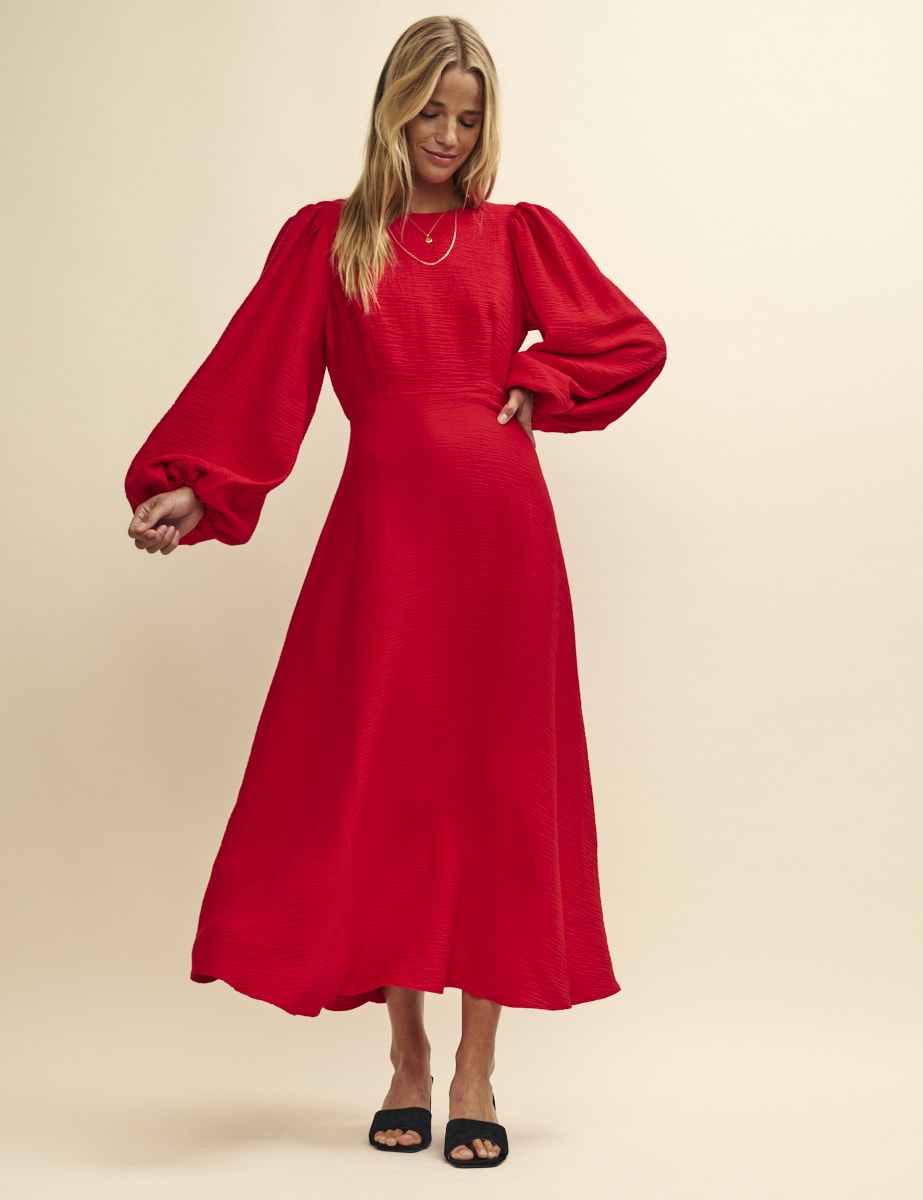 Red Balloon Sleeve Zora Midi Dress
