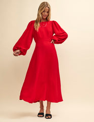 Red Balloon Sleeve Zora Midi Dress