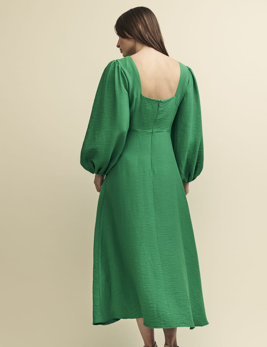 Green Balloon Sleeve Zora Midi Dress
