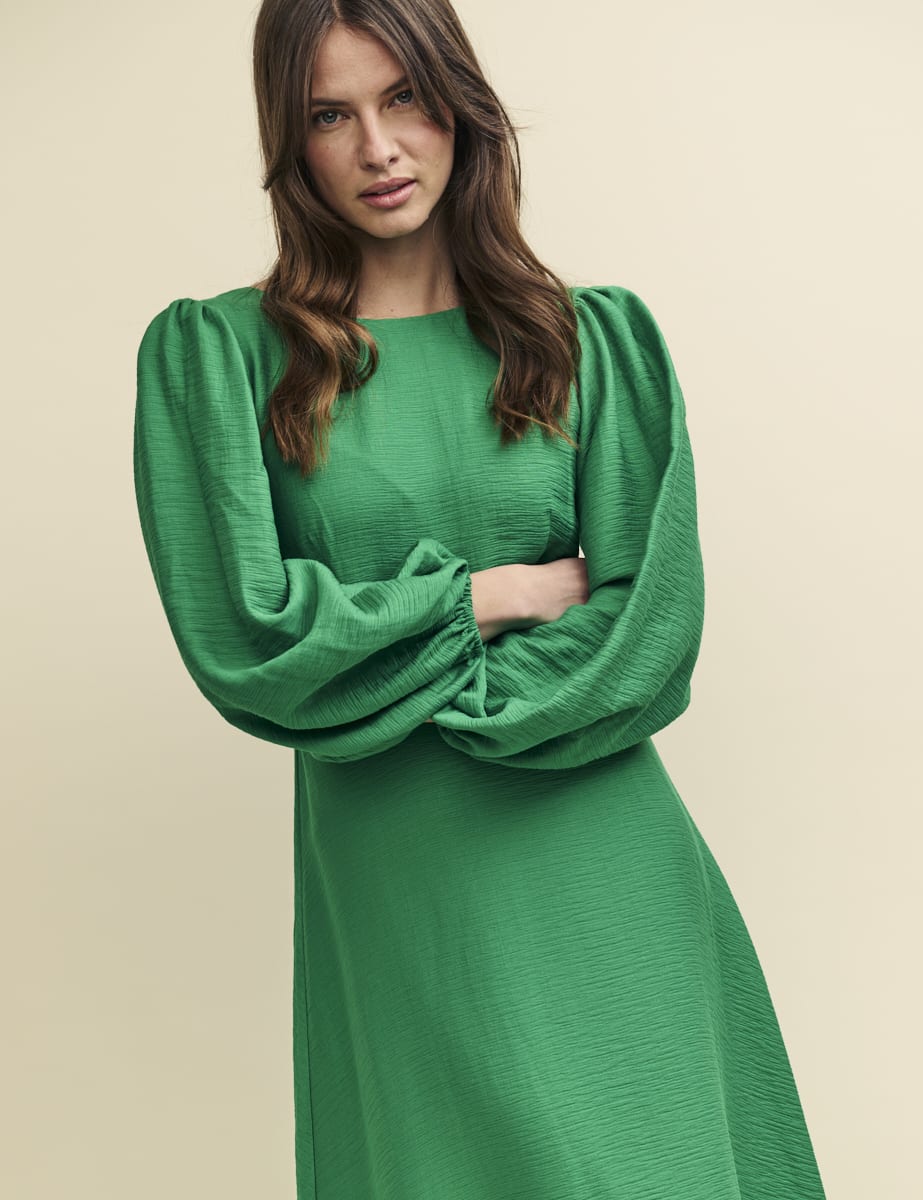 Green Balloon Sleeve Zora Midi Dress
