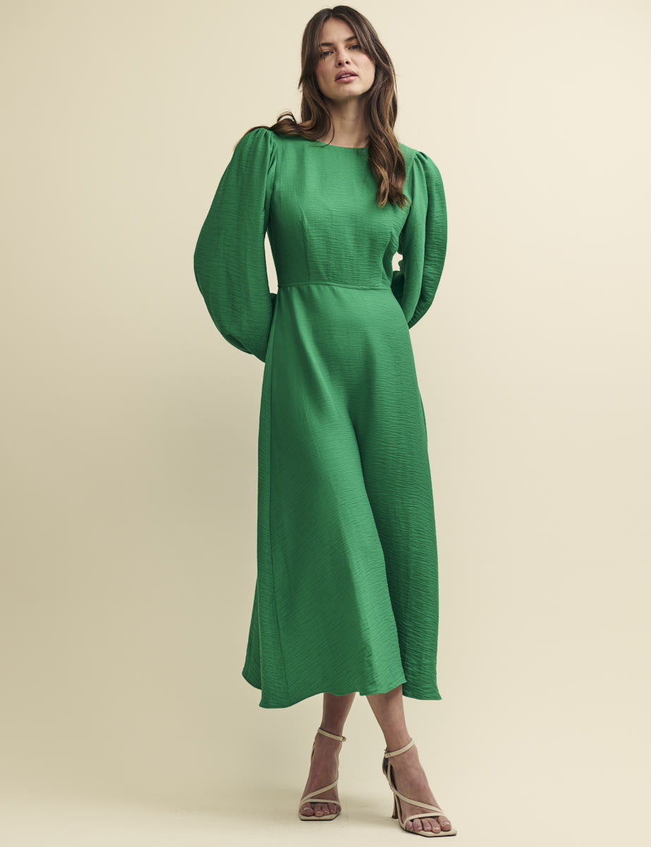 Green Balloon Sleeve Zora Midi Dress