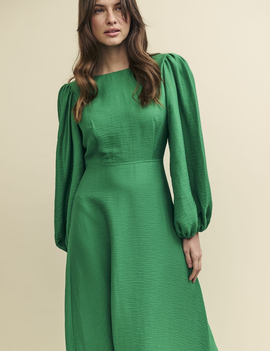 Green Balloon Sleeve Zora Midi Dress