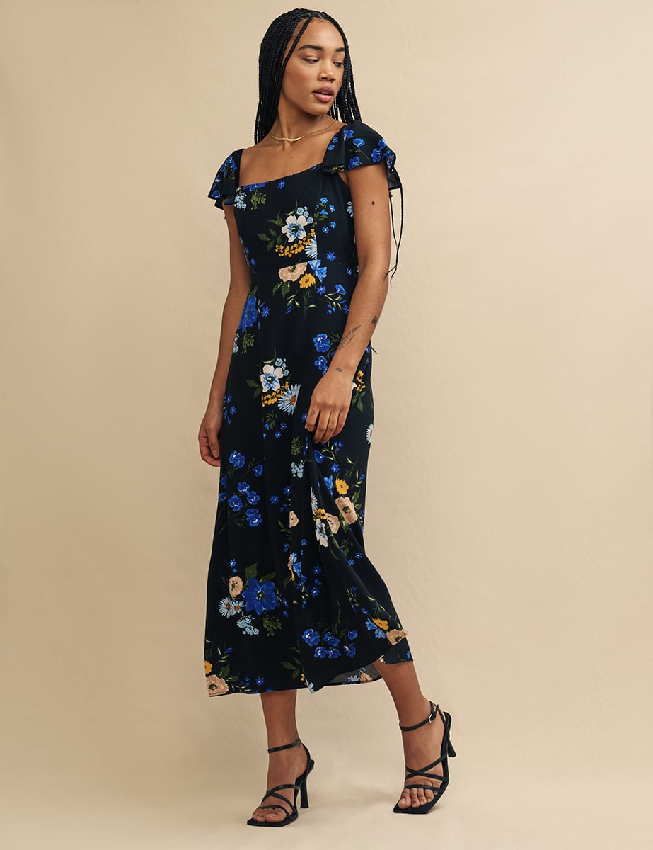Black Floral Elsie Midi Dress