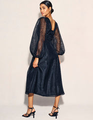 Black Organza Balloon Sleeve Zora Midi Dress
