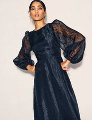 Black Organza Balloon Sleeve Zora Midi Dress