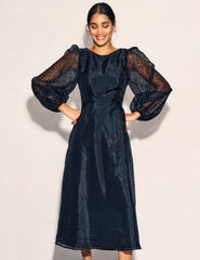 Black Organza Balloon Sleeve Zora Midi Dress