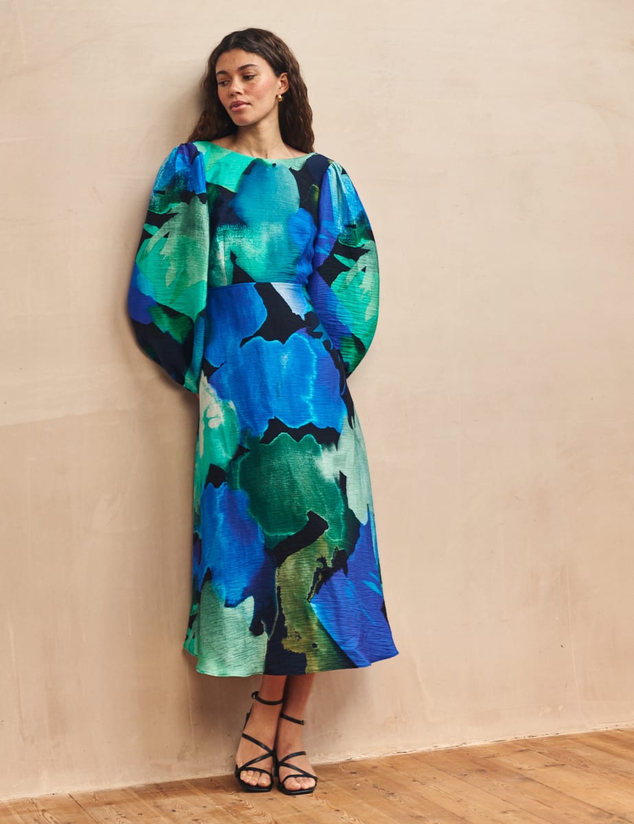 Blue Watercolour Floral Zora Midi Dress