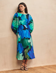 Blue Watercolour Floral Zora Midi Dress