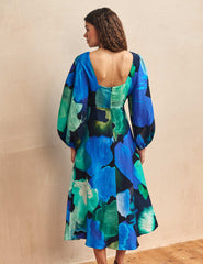 Blue Watercolour Floral Zora Midi Dress