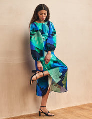 Blue Watercolour Floral Zora Midi Dress