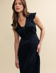 Black Satin Jacquard Lily Midi Dress