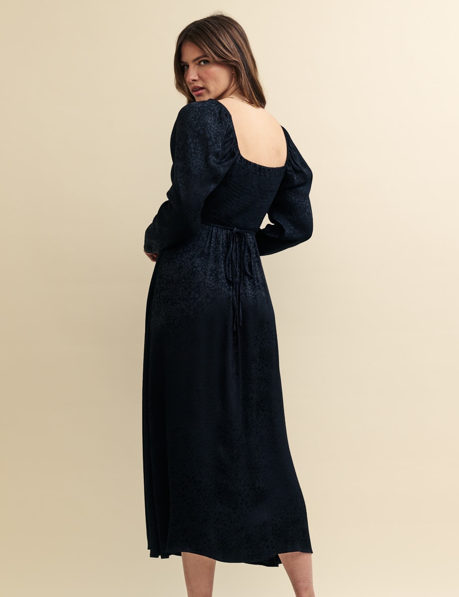 Black Satin Jacquard Abby Midi Dress