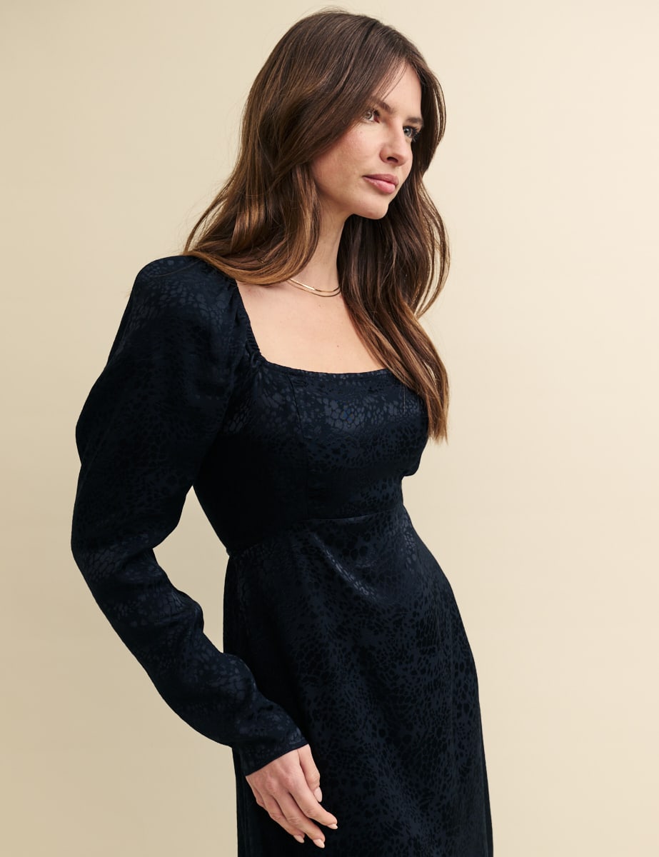 Black Satin Jacquard Abby Midi Dress