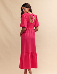 Pink Puff Sleeve Kelsie Midi Dress
