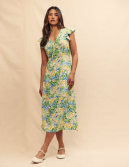 Green Floral Lily Midi Dress