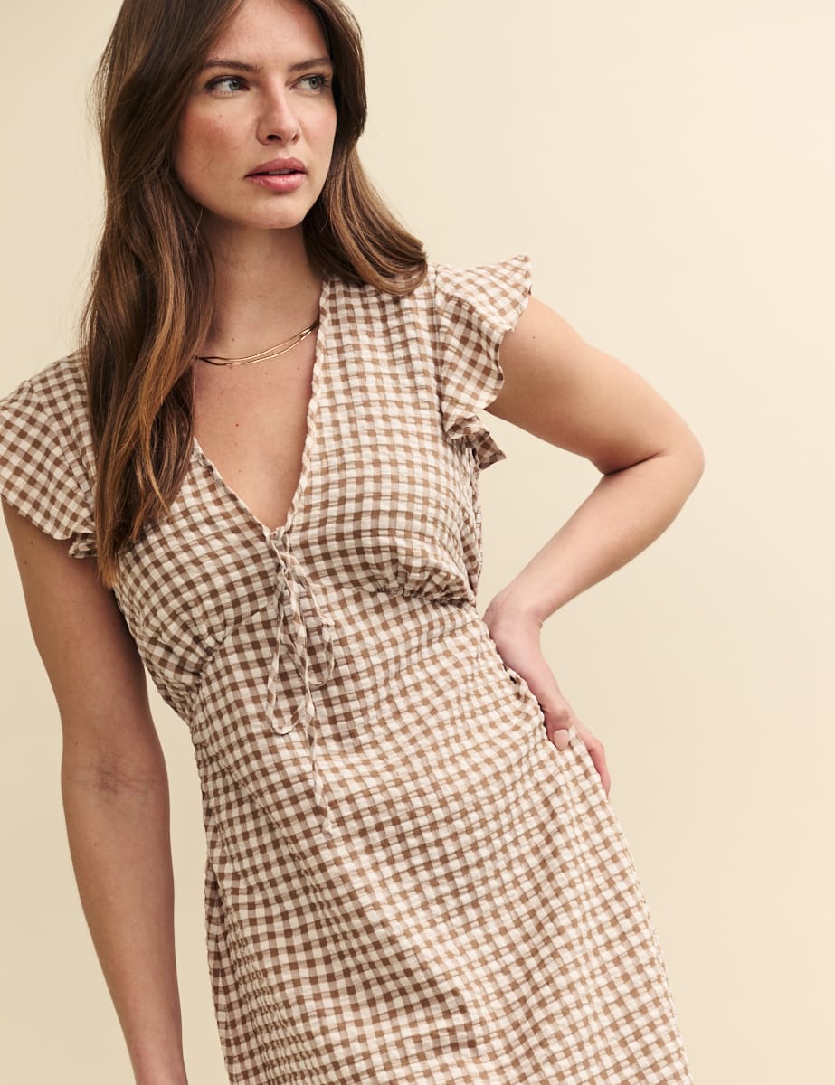 Beige Gingham Check Lily Midi Dress