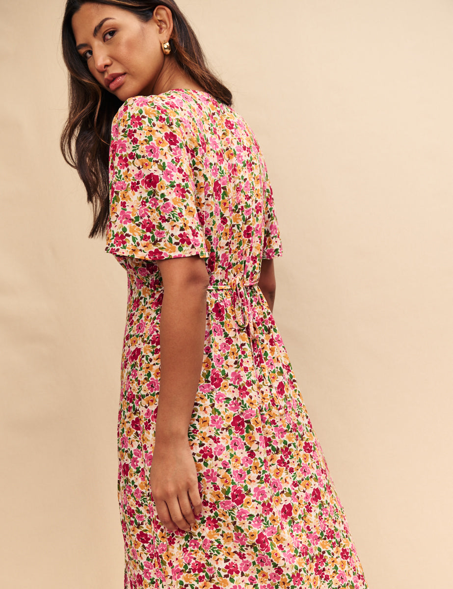 Pink Floral Balloon Sleeve Dee Dee Midi Dress