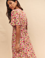 Pink Floral Balloon Sleeve Dee Dee Midi Dress