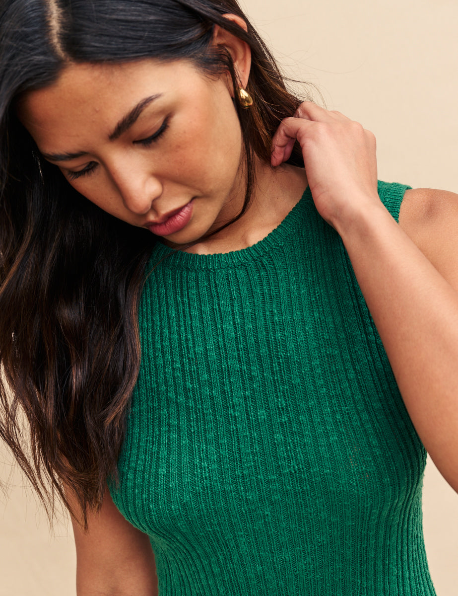Green A-line Ribbed Midi Dress