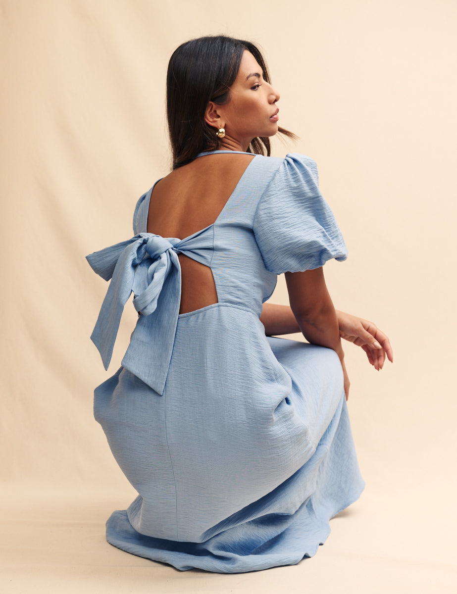 Blue Balloon Sleeve Zola Midi Dress