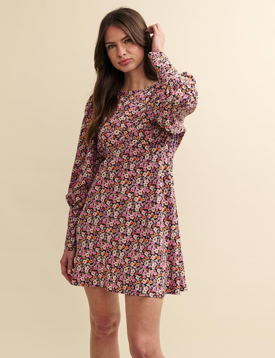 Pink Floral Puff Sleeve Maggie Mini Dress