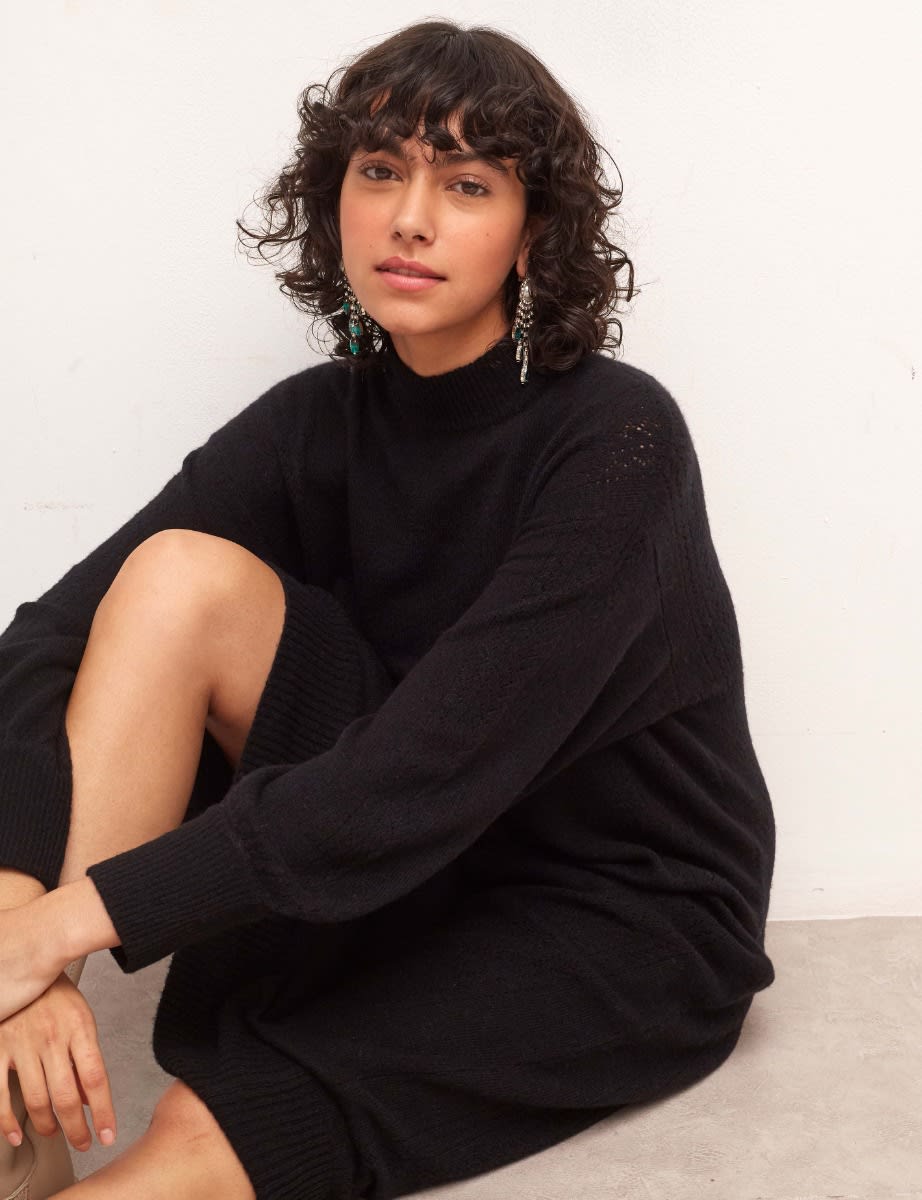 Black Pointelle Detail Midi Dress