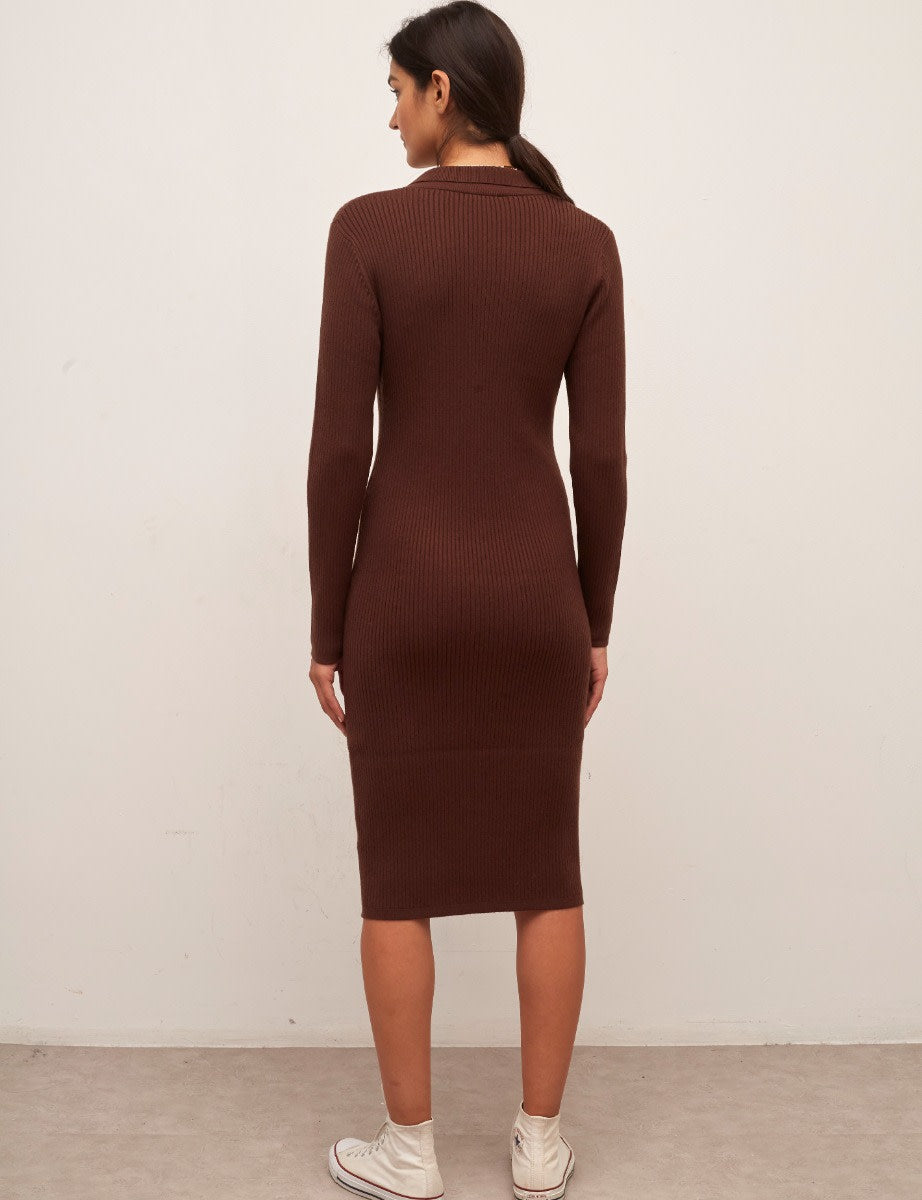 Chocolate Rib Open Collar Midi Dress