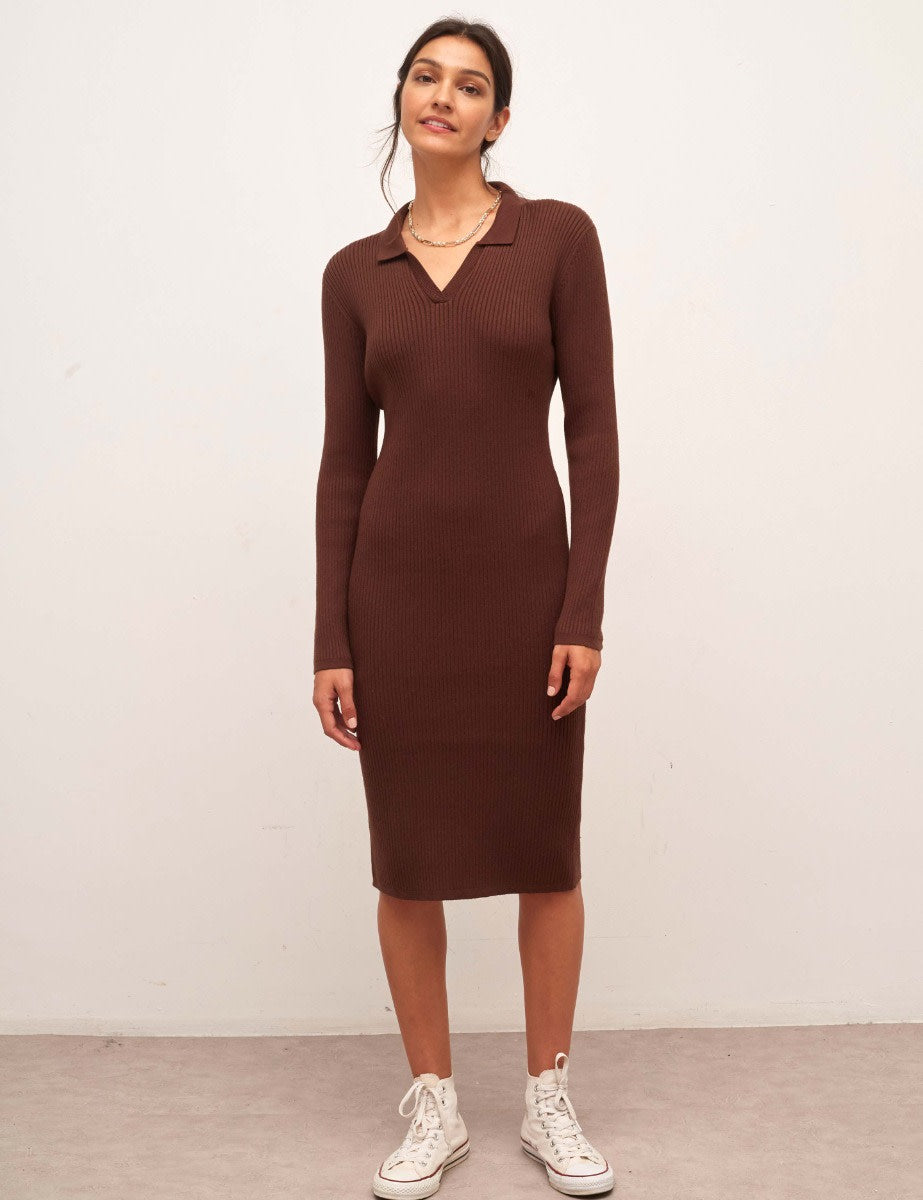 Chocolate Rib Open Collar Midi Dress