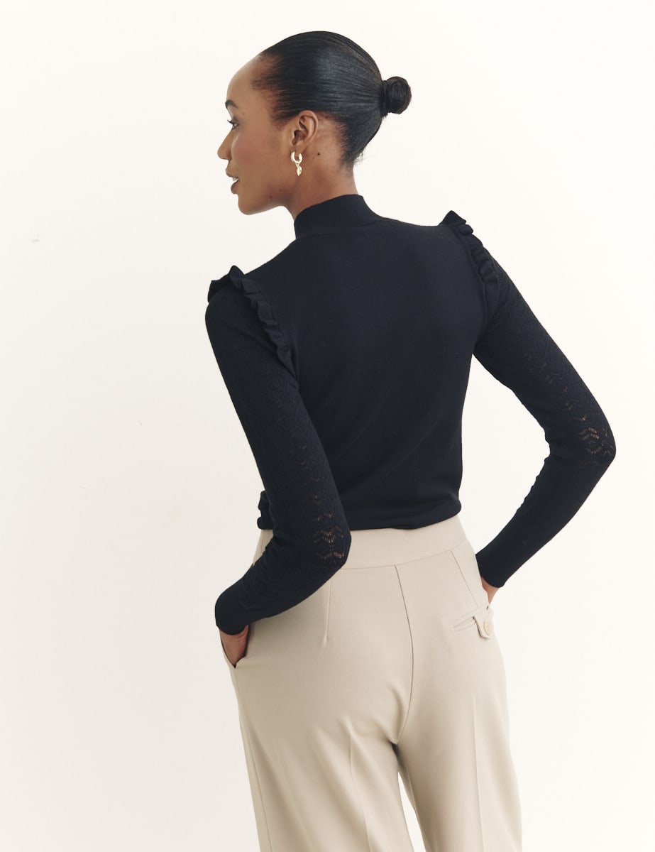 Pointelle and Ruffle Shoulder Top