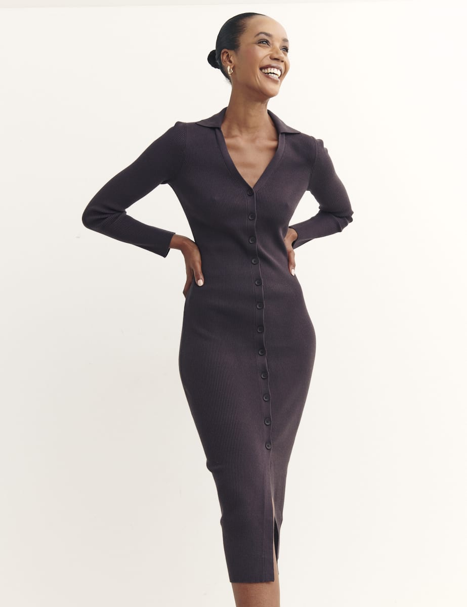 Brown Button Through Rib Knit Collared Midi Dress