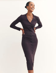 Brown Button Through Rib Knit Collared Midi Dress