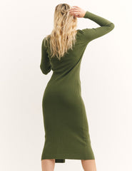 Green Button Through Rib Knit Collared Midi Dress