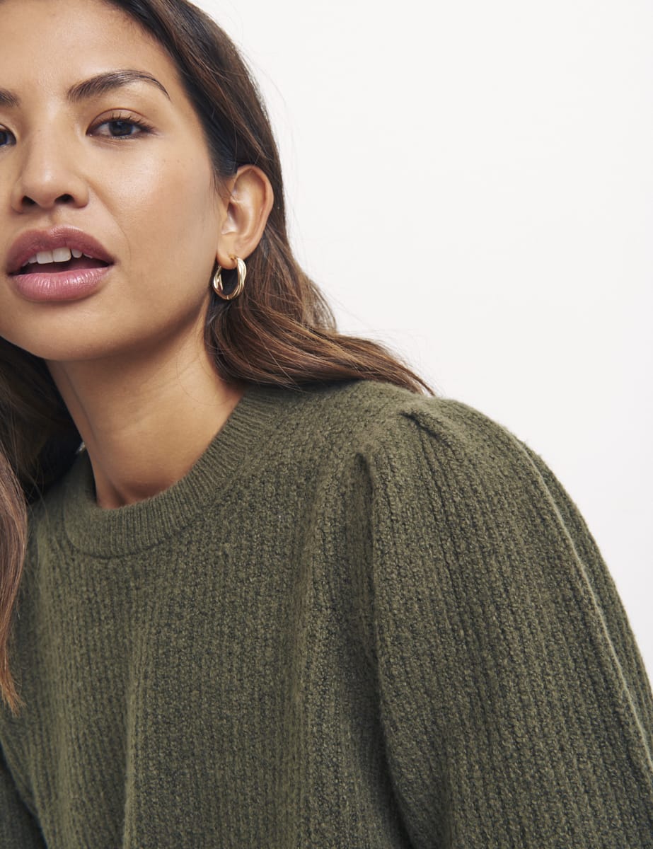 Green Shoulder Gathered Crew Neck Jumper