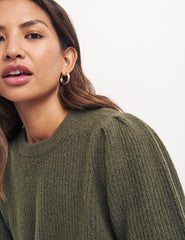 Green Shoulder Gathered Crew Neck Jumper