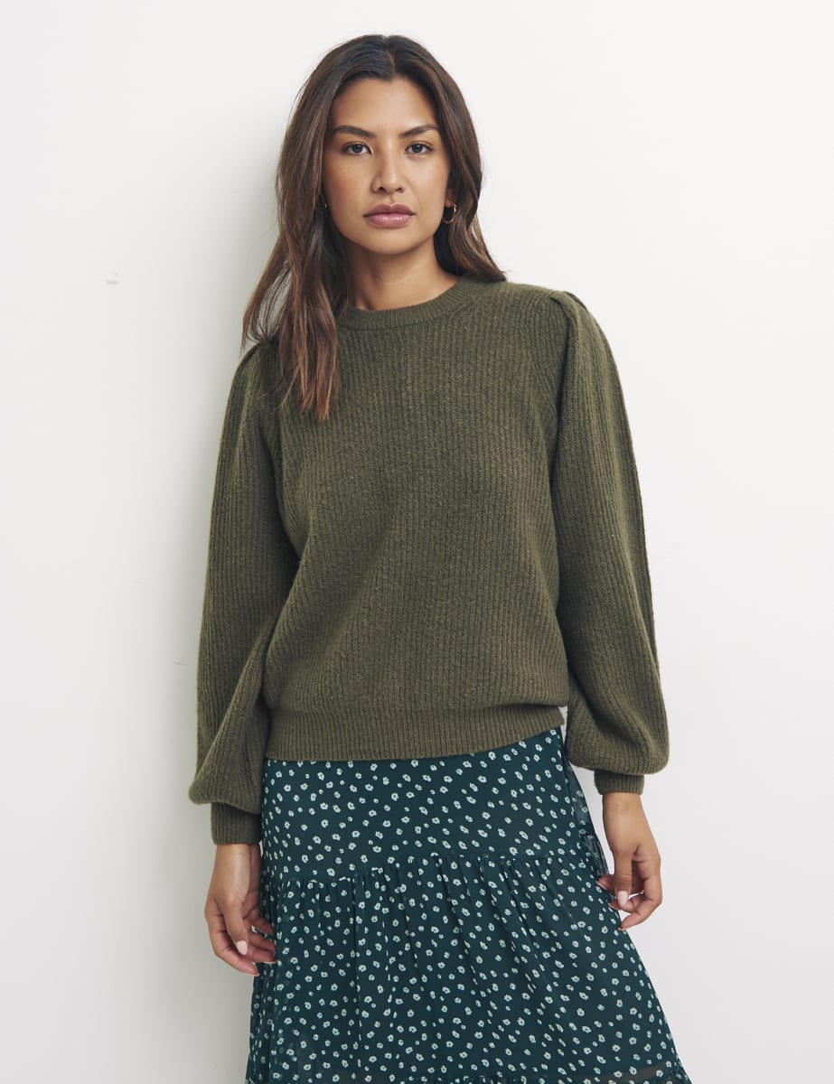 Green Shoulder Gathered Crew Neck Jumper