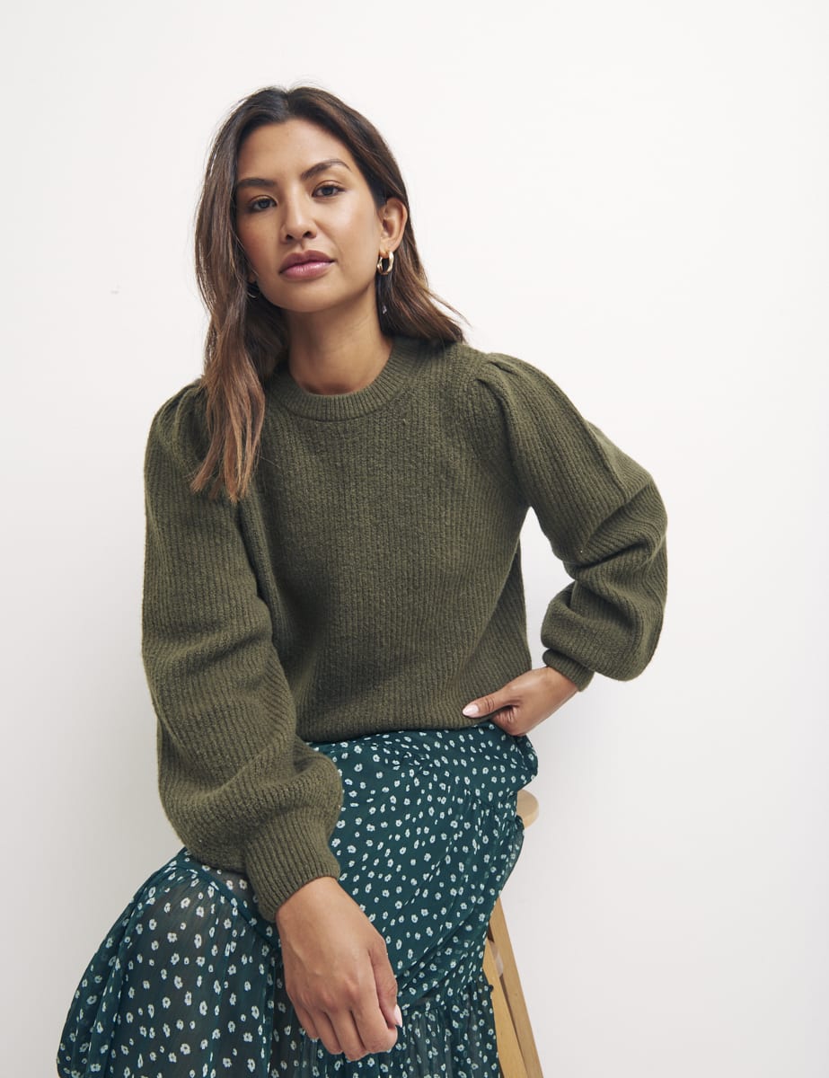 Green Shoulder Gathered Crew Neck Jumper