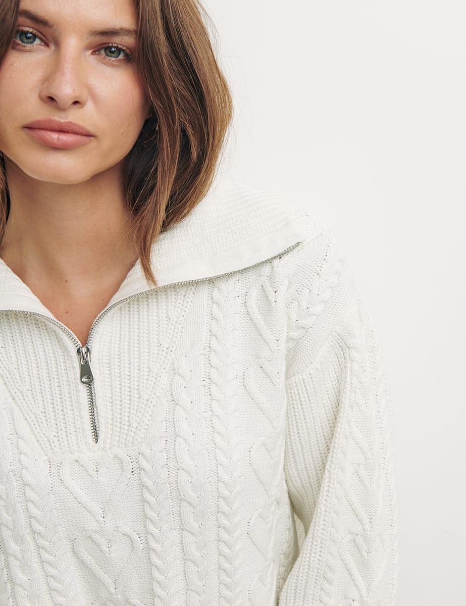 Cream Half Zip Cable Heart Boyfriend Jumper