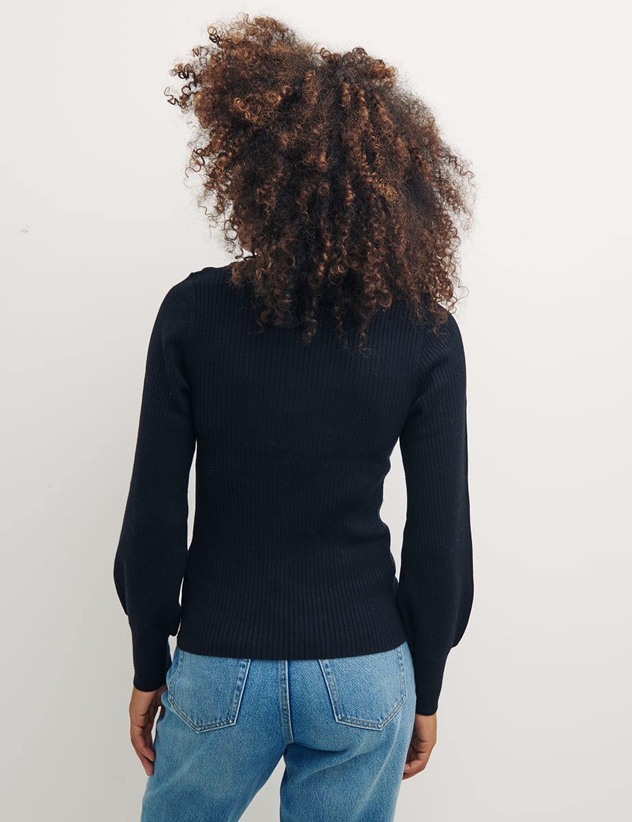 Black Rib High Neck Button Shoulder Detail Top