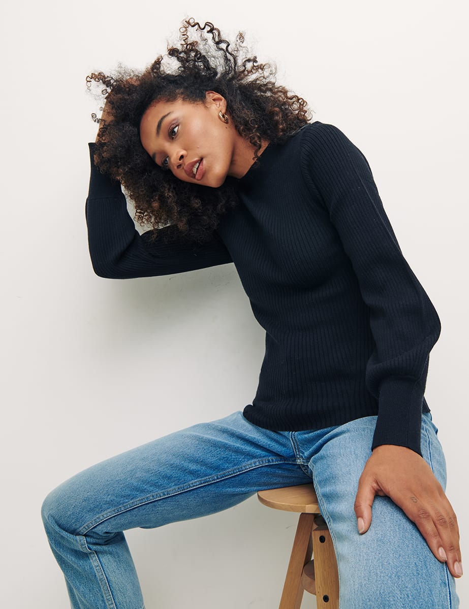 Black Rib High Neck Button Shoulder Detail Top