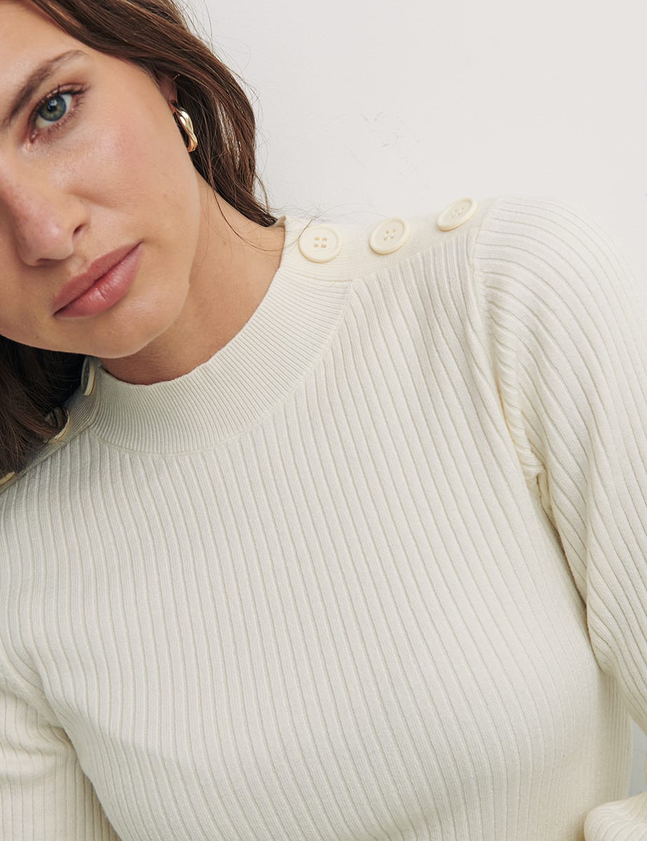 Cream Rib High Neck Button Shoulder Detail Top