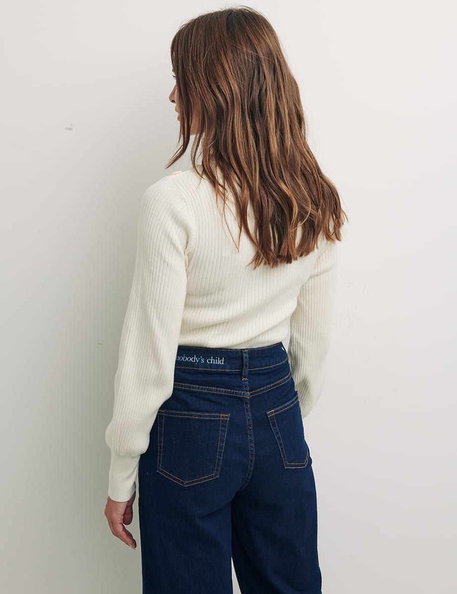 Cream Rib High Neck Button Shoulder Detail Top