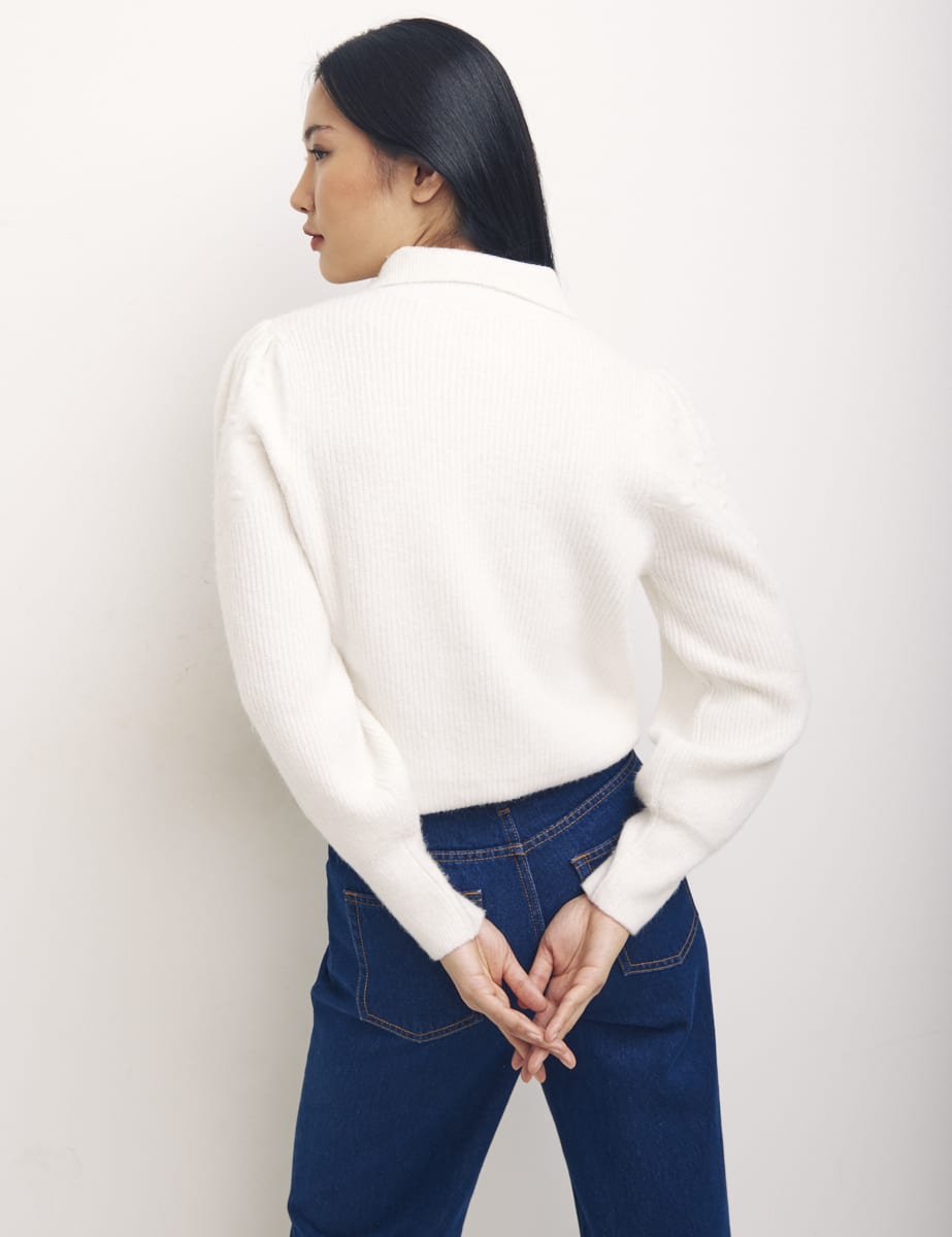 Cream Collar & Placket Bobble Detail Jumper