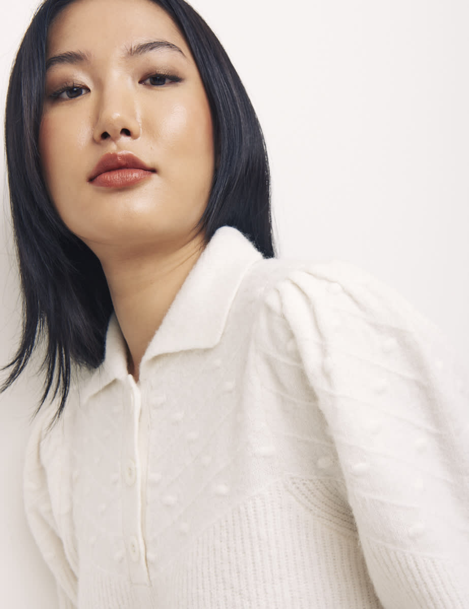 Cream Collar & Placket Bobble Detail Jumper